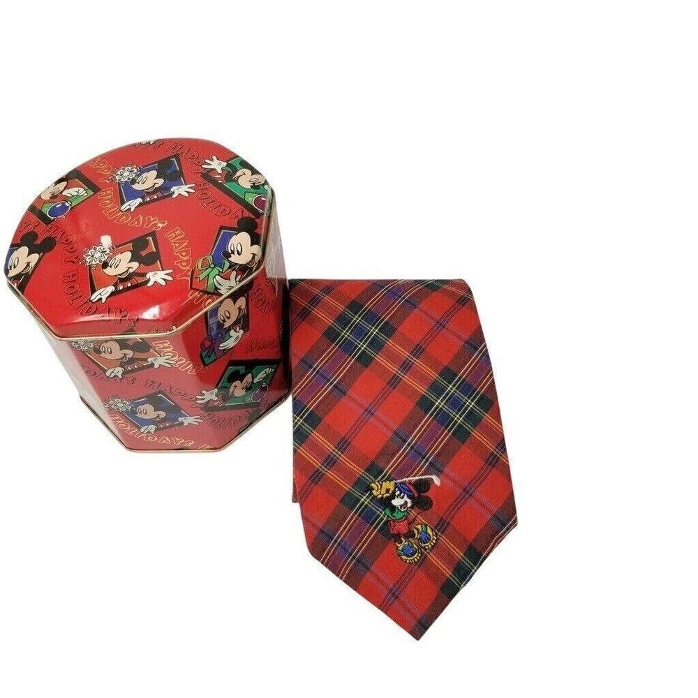Vintage Walt Disney Co Red Plaid Neck Tie Mickey Mouse Golf Tin Happy Holidays
